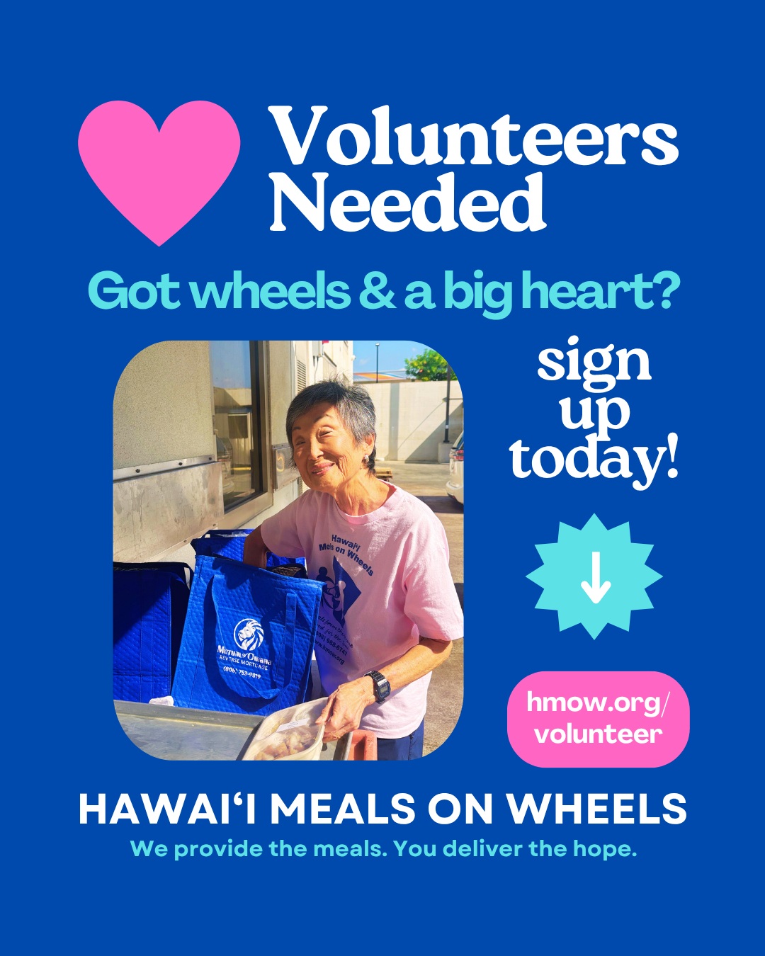 Over 100 routes. One mission. And this month, we could really use your help.
Every weekday, Hawaiʻi Meals on Wheels volunteers deliver nutritious meals and caring connections to kūpuna across Oʻahu. With a record breaking number of routes, it takes many helping hands to make sure every kūpuna receives their meal.
We especially need volunteer drivers the week of August 17–21, when several members of our staff will be attending the Meals on Wheels America Annual Conference in Las Vegas. 

Whether you can deliver for one day, several days, or become a regular volunteer, your time makes a meaningful difference.

Help us keep every route moving and every kūpuna connected.

Please contact our Volunteer Team at volunteer@hmow.org or (808) 988-6747 to get started! 

Mahalo! 💙🌈

#volunteerally #hawaiimow #morethanameal