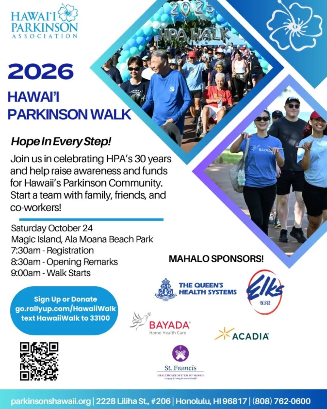 Join us for the 2026 Hawaii Parkinson's Walk on Saturday, October 24th at Magic Island Beach Park! Click the QR link below to register, or if you want to walk along with the HMoW team, call Joal at 808-784-2757 and he'll give you the details. 

##hawaiiparkinsonswalk2026
#hawaiiparkinsonassociation 
#aginginplace 
#hawaiimealsonwheels