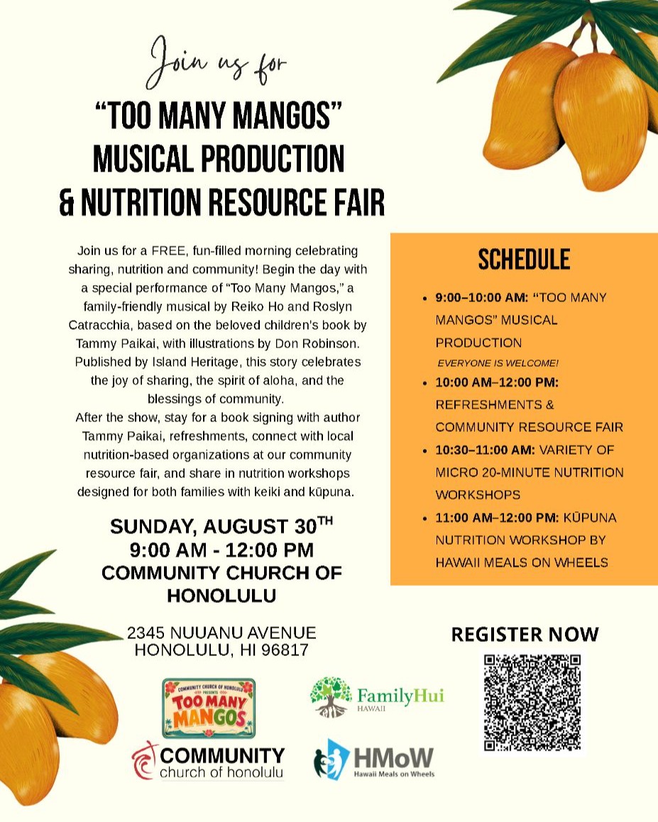 Pineapples and bananas and fun this Sunday! 

Join us on the beautiful grounds of Honolulu Community Church Sunday, August 30th for a performance and resource fair featuring nutrition workshops and more. 💙