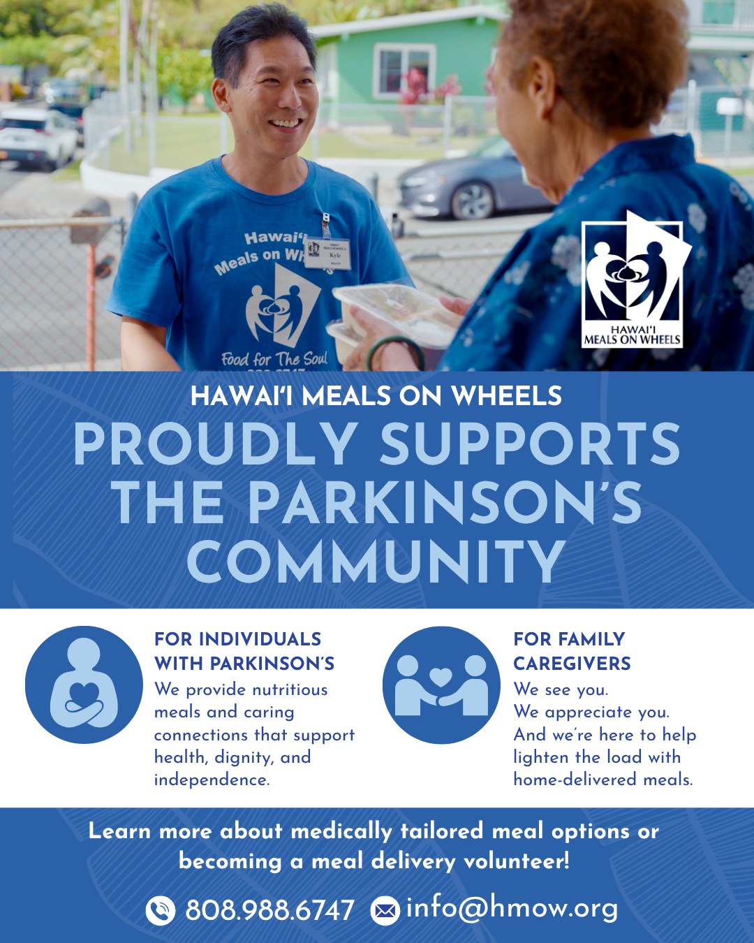 On Saturday, October 24th, we'll be joining the 2026 Hawai'i Parkinson's Walk to raise awareness and funds for the Hawai'i Parkinson's Community. 

If you have Parkinson's or care for someone who does, having meals delivered to your home may help lighten your load. To find out more, please call  808-988-6747. 

We'll see you on the walk! 💙🌈

 #hawaiiparkinsonassociation 
##hawaiiparkinsonswalk 
#aginginplace 
#MoreThanAMeal